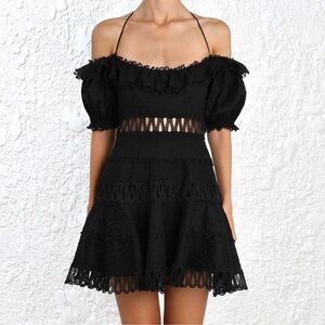 ZIMMERMANN Melody Off The Shoulder Dress in Ivory Black Off-Shoulder Lace Sz 1